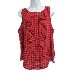 Elle Womens Top Blouse Red Houndstooth Sleeveless Round Neck Hem Ruffles Size L